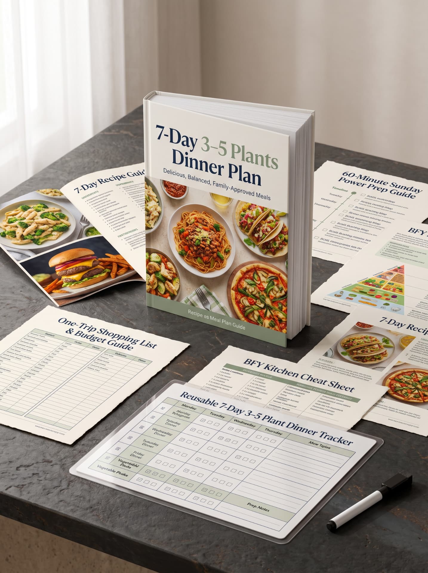 Mock-up of everything included: the 7-Day 3–5 Plants Dinner Plan guide standing upright, with the reusable dinner tracker, 60-minute Sunday power prep guide, kitchen cheat sheet, nutrition guide, one-trip shopping list and budget guide, and open recipe pages arranged around it.