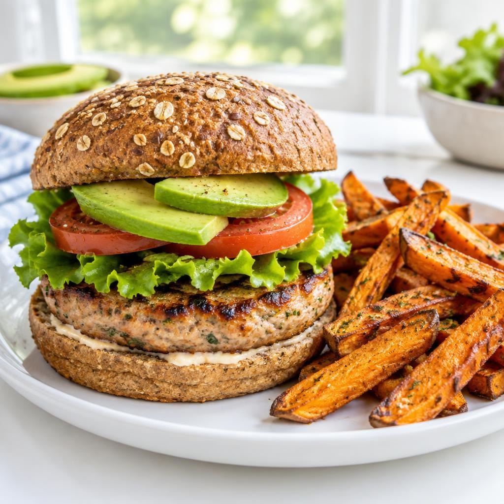 Illustrative Loaded Turkey Burger & Sweet Potato Fries; not an exact recipe photograph.