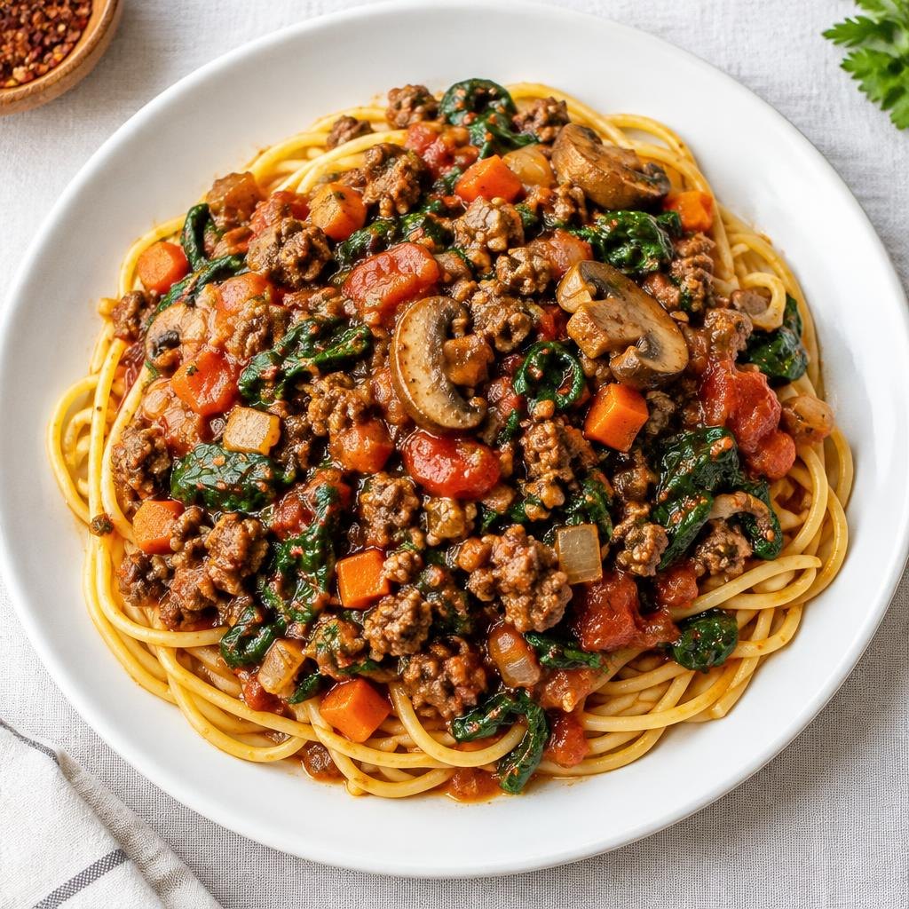 Illustrative spaghetti dinner with vegetables incorporated into a hearty meat sauce.